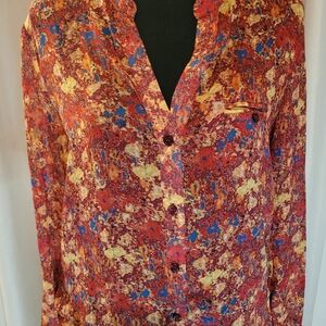 Bright Gauzy Floral Feminine Button Down Shirt, M